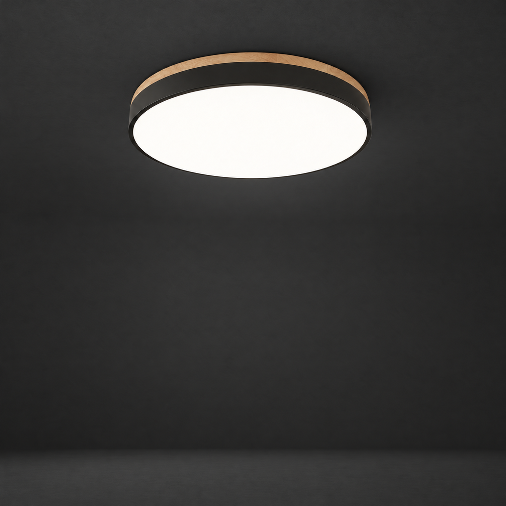 Ultra-Thin Flush Mount Light with Wood Accent on a dark charcoal grey studio backdrop