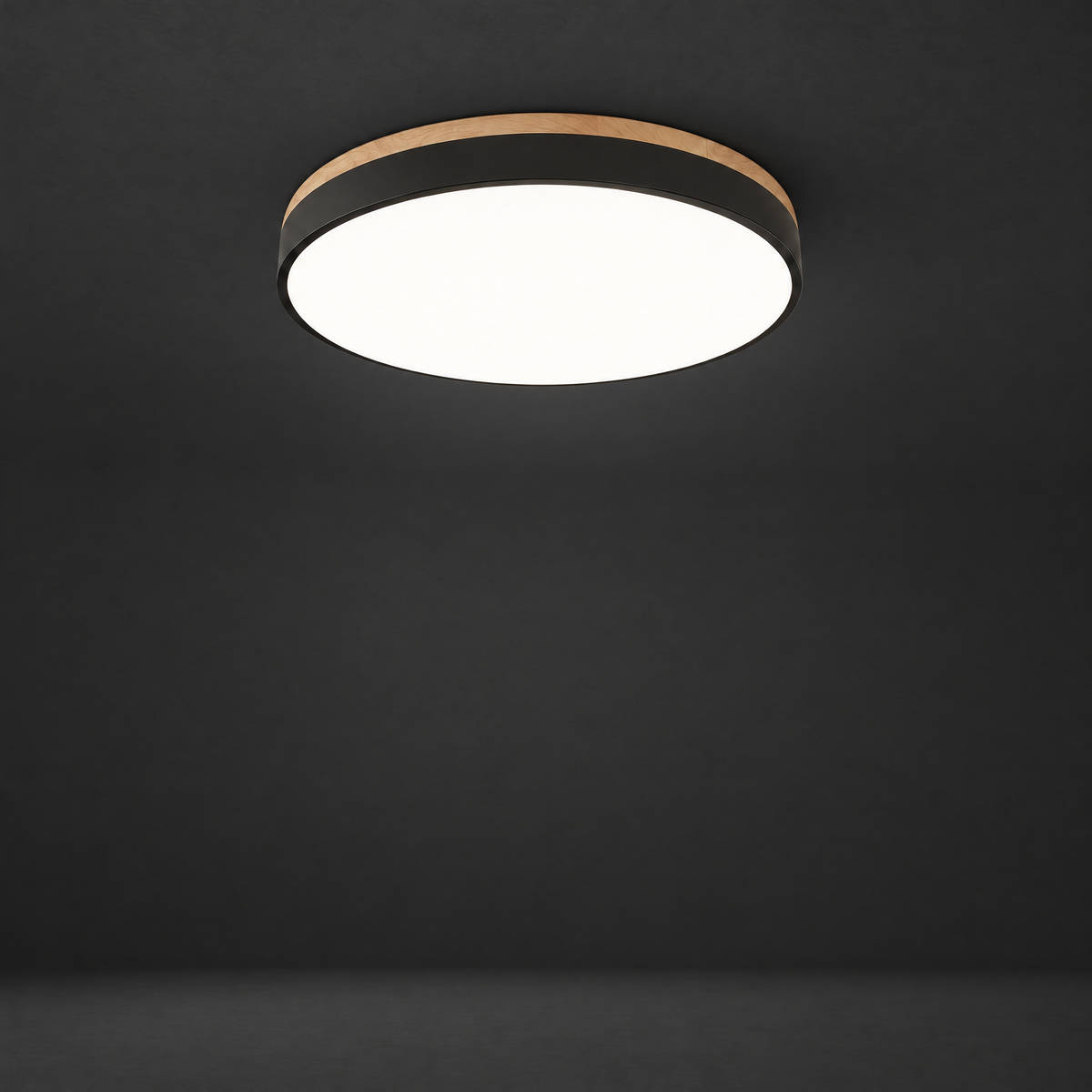 Ultra-Thin Flush Mount Light with Wood Accent on a dark charcoal grey studio backdrop