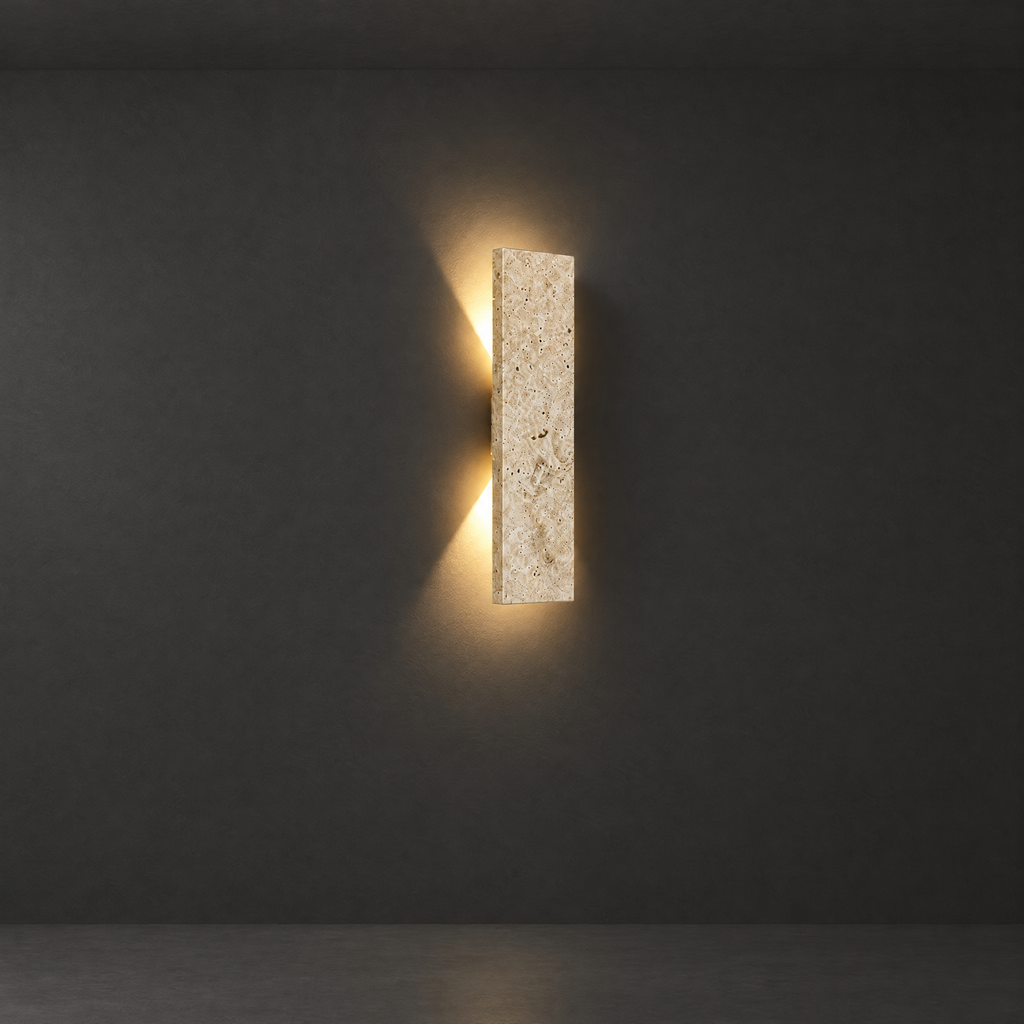 Natural Stone Outdoor Wall Sconce on a dark charcoal grey studio backdrop