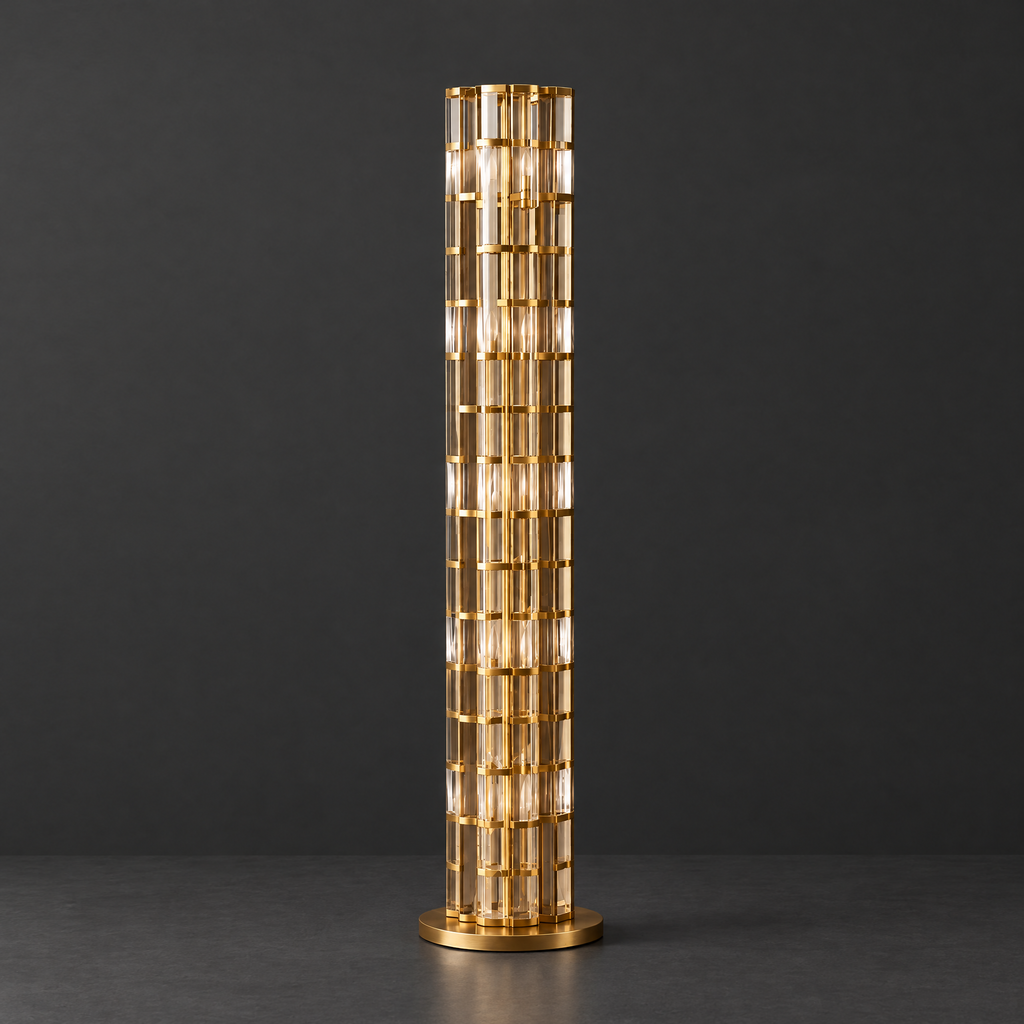 Crystal Glow Brass Floor Lamp on a dark charcoal grey studio backdrop