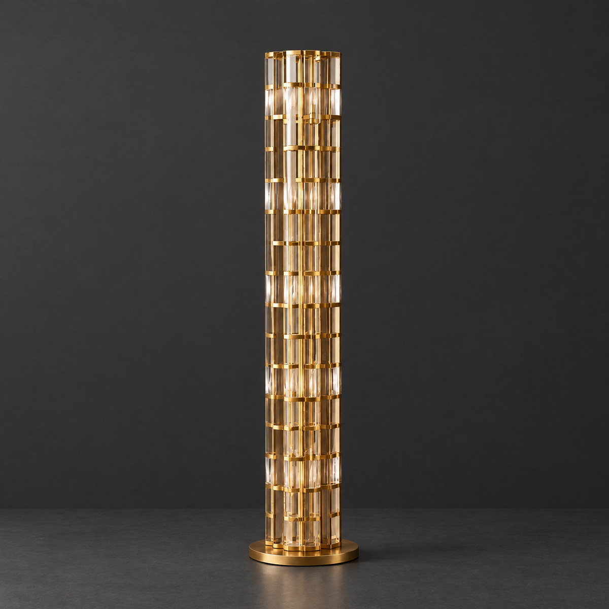 Crystal Glow Brass Floor Lamp on a dark charcoal grey studio backdrop